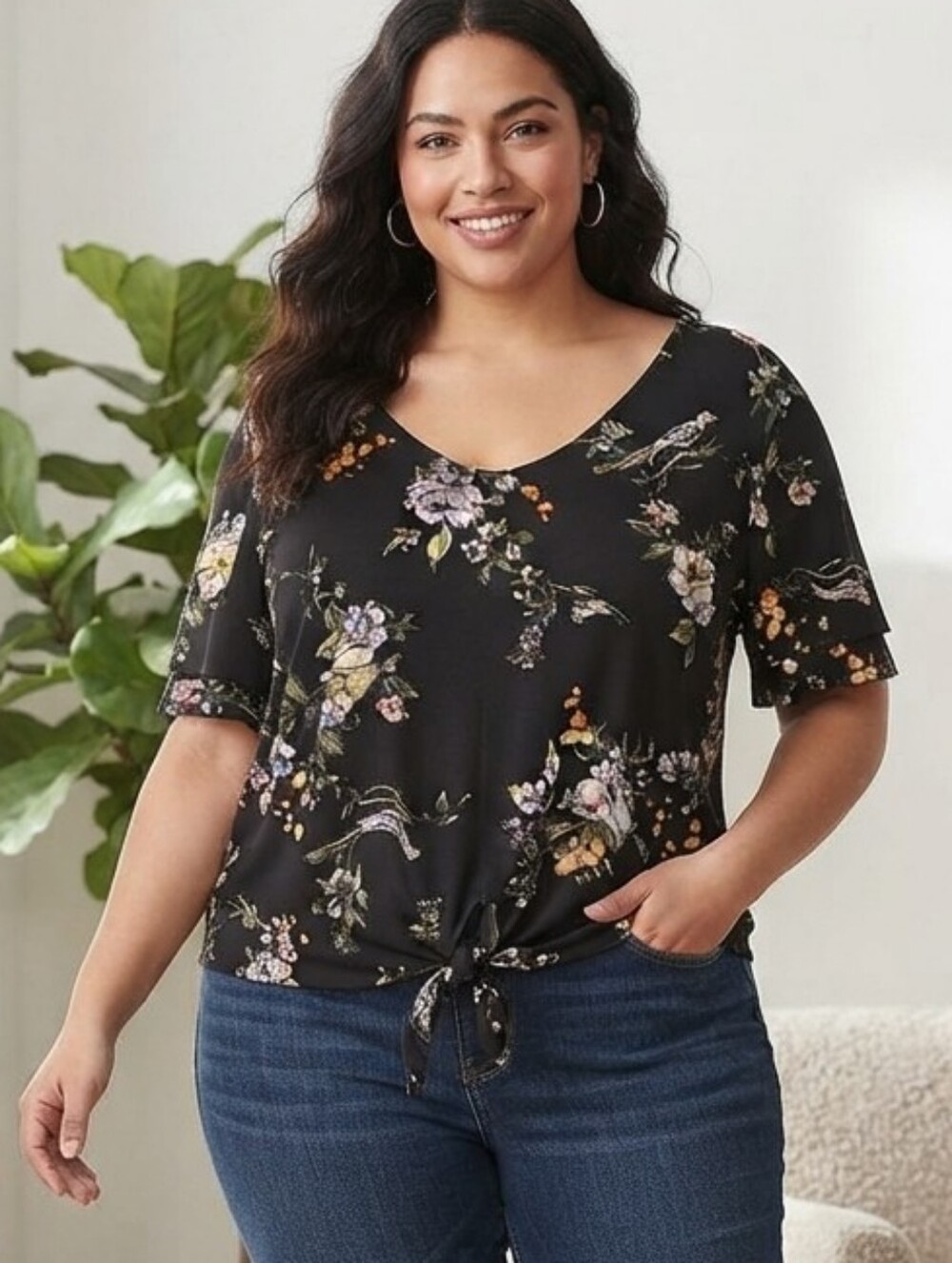 Lily White XL Black Floral Tie-Front Crop Top
